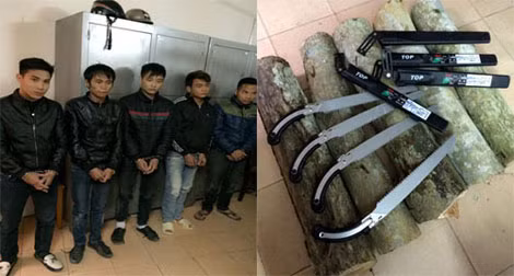 Các đối tượng (từ trái qua phải): Nguyễn Đình Quyết, Mẫn Bá Quyết, Nguyễn Đăng Long, Vũ Mai Tuyên, Nguyễn Văn Nghiêm và tang vật thu được.