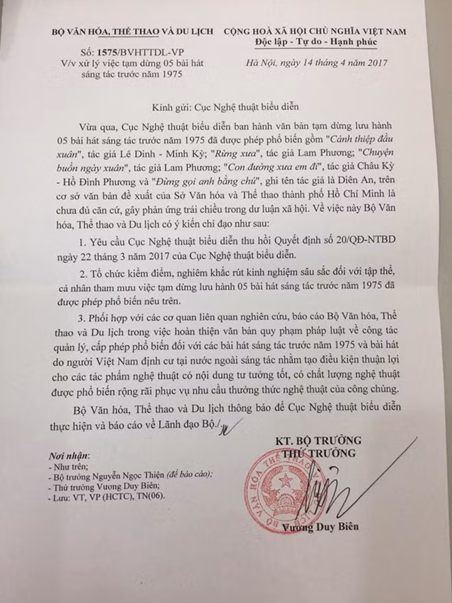 Công văn của Bộ Văn hóa, Thể thao và Du lịch