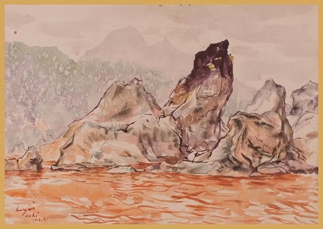 Tranh màu nước, sáp màu trên giấy "Xuôi dòng chợ Bờ" của họa sĩ Nguyễn Huyến