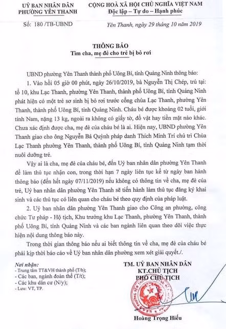 Thông báo tìm người thân cho cháu bé của UBND phường Yên Thanh
