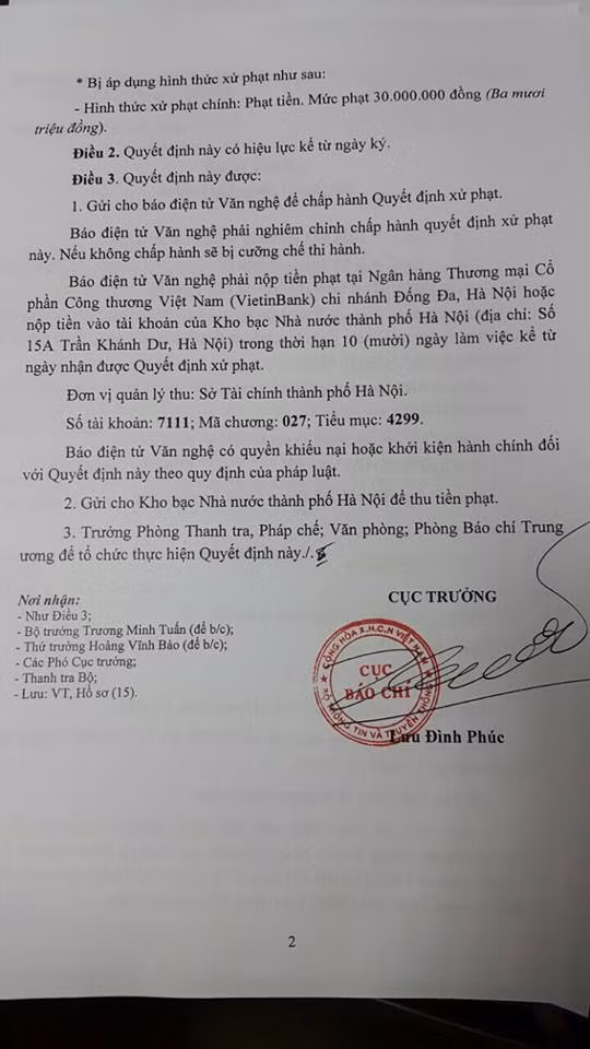 Quyết định xử phạt Báo điện tử Văn nghệ của Cục Báo chí do Cục trưởng Lưu Đình Phúc ký ngày 22-2-2017