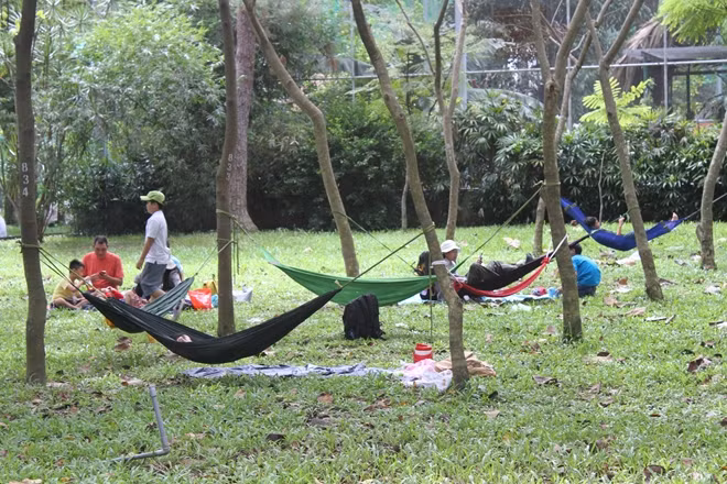 Cha mẹ giang võng cho con ngủ trưa