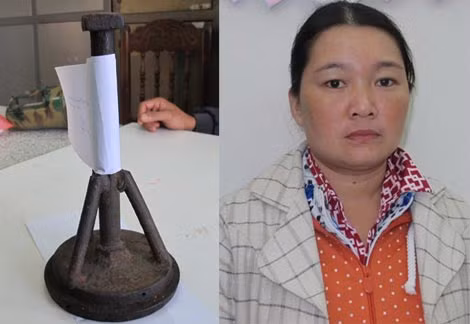 Nguyễn Thị Thanh Trinh và cái đe sắt dùng để sát hại anh Tâm. Nguyễn Thị Thanh Trinh và cái đe sắt dùng để sát hại anh Tâm.