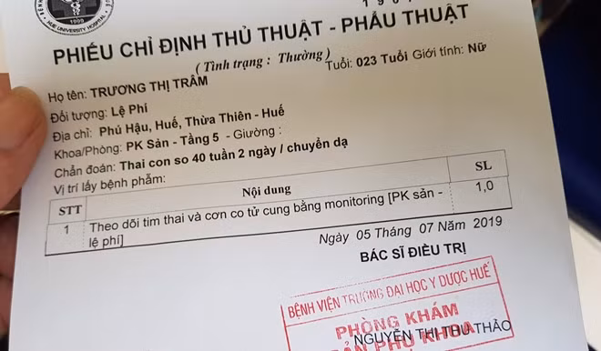 Phiếu chỉ định phẫu thuật của Bệnh viện ĐH Y dược Huế đối với sản phụ Trâm.