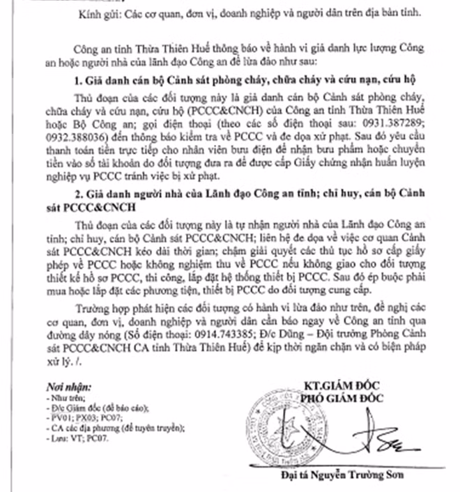Thông báo hành vi giả danh lực lượng công an để lừa đảo của Công an tỉnh Thừa Thiên- Huế.