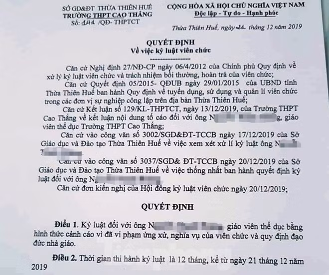 Trường THPT Cao Thắng ban hành quyết định kỷ luật cảnh cáo đối với giáo viên N.T.H.