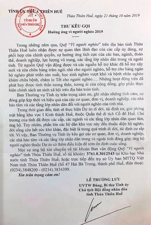 Thư kêu gọi hưởng ứng vì người nghèo của ông Lê Trường Lưu, Bí thư Tỉnh ủy Thừa Thiên Huế.