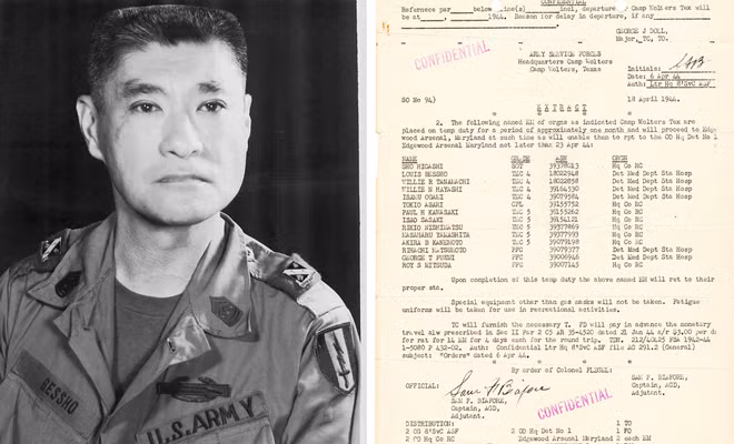 Bức chân dung cựu binh Louis Bessho chụp năm 1969 (trái). Mệnh lệnh của quân đội Mỹ từ tháng 4 -1944 áp dụng cho binh sĩ Mỹ gốc Nhật bao gồm cả cựu binh, người tham gia vào thử nghiệm khí mù tạc ở Kho vũ khí Edgewood (phải). Ảnh nguồn: Army Service Forces, Headquarters Camp Wolters Texas.