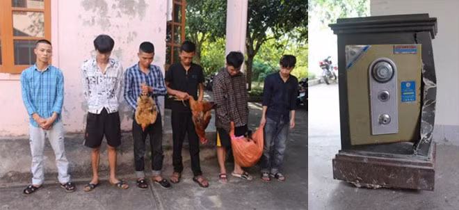 Các đối tượng bị bắt giữ và hòm công đức bằng két sắt tại miếu thờ Nền Lễ làng Phú Hậu, xã Diễn Tân, huyện Diễn Châu bị nhóm đối tượng cạy phá, trộm tiền.