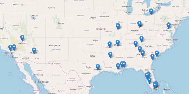 Bản đồ của FBI về các địa điểm xảy ra 50 vụ án mà Samuel Little đã thú nhận. Ảnh: OpenStreetMaps/FBI.
