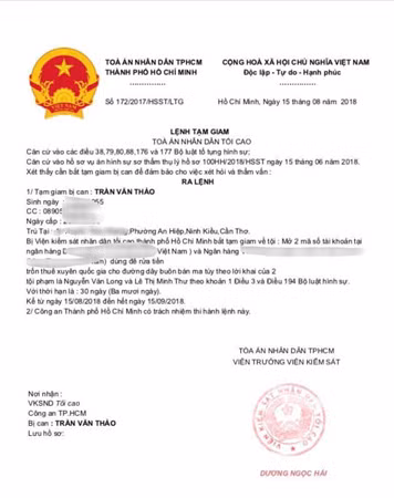 Lệnh tạm giam do các đối tượng chế ra để dọa các bị hại.