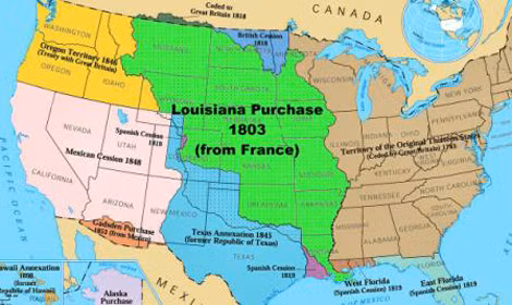 Cấu địa Louisiana, vùng đất do Mỹ chi 60 triệu Franc mua từ đế quốc Pháp vào năm 1803. Nhà thám hiểm Meriwether Lewis cùng các đồng đội đã đến vùng đất này. Ảnh nguồn: Ducksters.