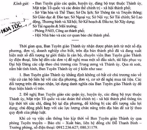 Nội dung thông báo của Ban Tuyên giáo Thành ủy Hải Phòng.