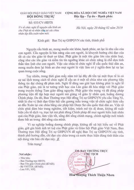 Công văn của Hội đồng Trị sự - Giáo hội Phật giáo Việt Nam về tổ chức nghi lễ nguyện cầu bình an.