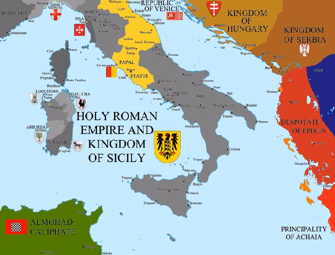 Đất của Giáo hoàng (Papal States) bị bao vây bởi lãnh thổ Đế chế La Mã thần thánh dưới thời Frederick II.