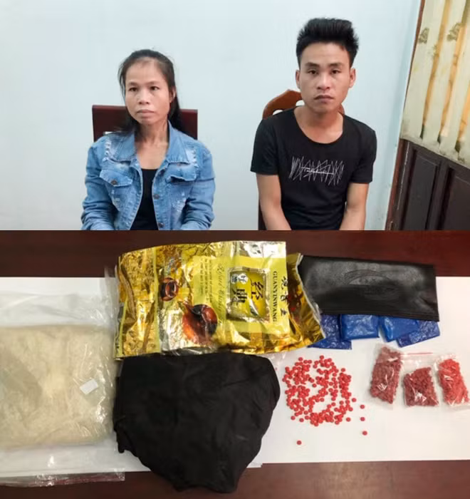 Lô Thị Nhung, Lữ Văn Hội cùng 2 kg đá và 5.000 viên ma túy tổng hợp bị thu giữ.