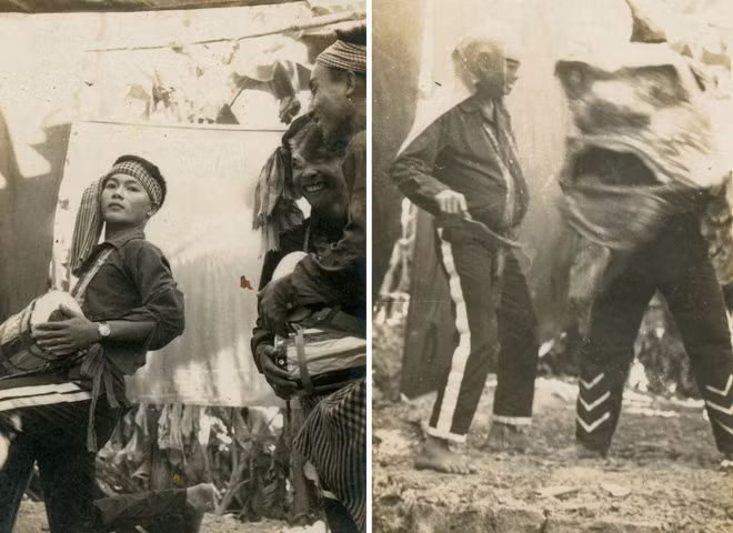 Múa trống – tiết mục phục vụ nhân dân đón Tết của tổ trinh sát H67 (1972, ảnh trái). Múa lân (trang phục tự làm) – tiết mục phục vụ nhân dân của tổ trinh sát H67 (Tết 1973).
