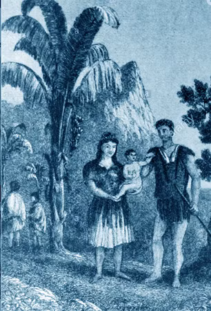 Tranh vẽ mô tả một thủy thủ cùng vợ là thổ dân Tahiti và đứa con trên đảo Pitcairn. Tranh vẽ mô tả một thủy thủ cùng vợ là thổ dân Tahiti và đứa con trên đảo Pitcairn.