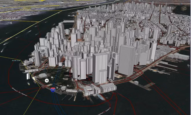 Một phác họa bản đồ khu Manhattan, New York trên Google Earth phiên bản đầu tiên.