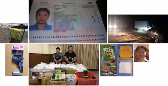 Hình Tse Chi Lop trên tấm hộ chiếu và những tang vật trong các vụ bắt ma túy để tìm mối liên quan, lần tìm ra "ông trùm". Ảnh: Reuters.