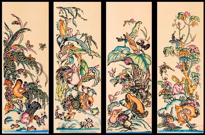 Bộ tranh tứ bình “Lúa Ngô Khoai Sắn” của nghệ nhân Nguyễn Đăng Sần mang đậm chất dân gian.