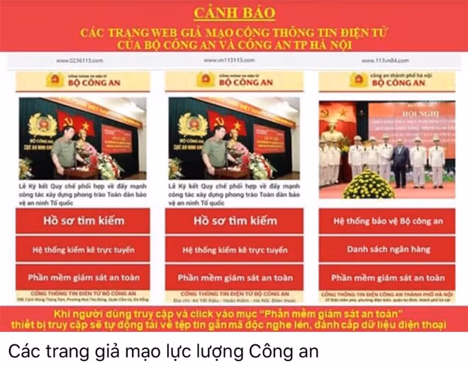 Hình ảnh giao diện một số trang Web giả mạo lực lượng Công an.