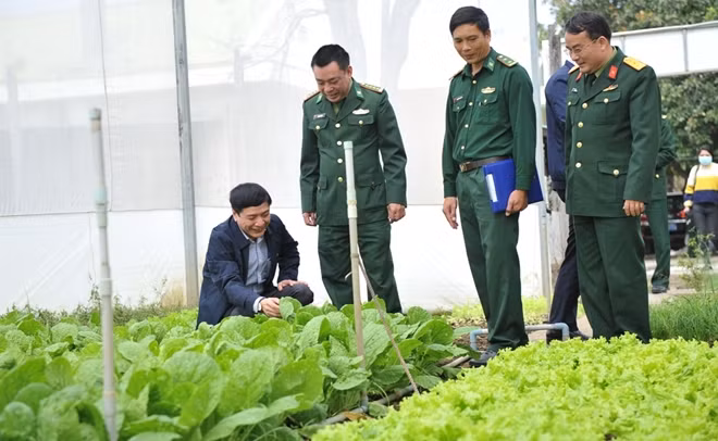 Đoàn công tác đến thăm vườn rau tự cung tự cấp của các cán bộ, chiến sỹ đồn Biên phòng ở khu vực biên giới