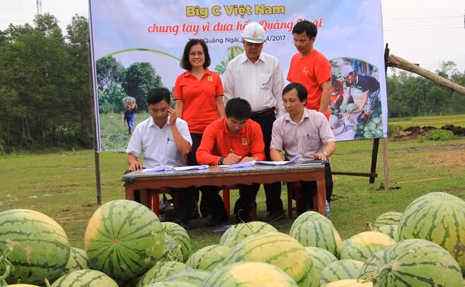 Đại diện BigC ký kết với đại diện chính quyền Quảng Ngãi thu mua dưa hấu cho nông dân.
