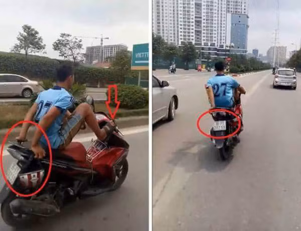 Hình ảnh nam thanh niên không đội MBH, điều khiển xe may bằng chân đi vào đường BRT được ghi lại.