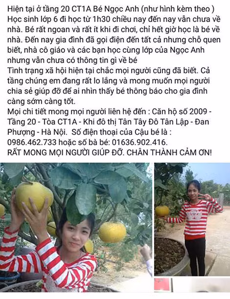 Thông tin về Ngọc Anh được chia sẻ trên mạng xã hội.