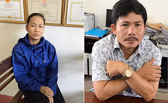Đối tượng Cúc và Hải tại cơ quan Công an.