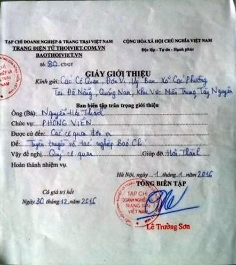 Giấy giới thiệu của ông Lê Trường Sơn, Phó Tổng biên tập (PTBT) Tạp chí Doanh nghiệp và Trang trại cấp cho "phóng viên dỏm" Nguyễn Hải Thành.