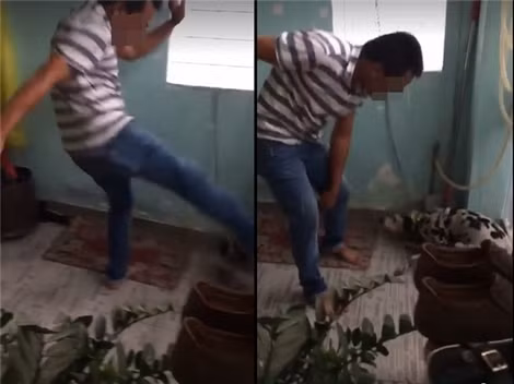 Chú chó Pull mừng rỡ khi gặp lại chủ cũ (ảnh trái) và cảnh người đàn ông thẳng... chân ''đàn áp'' nó. Ảnh cắt từ clip. Chú chó Pull mừng rỡ khi gặp lại chủ cũ (ảnh trái) và cảnh người đàn ông thẳng... chân ''đàn áp'' nó. Ảnh cắt từ clip.