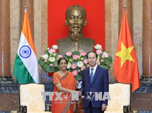 Chủ tịch nước Trần Đại Quang cùng Bộ trưởng Bộ Quốc phòng Cộng hòa Ấn Độ. Ảnh: TTXVN