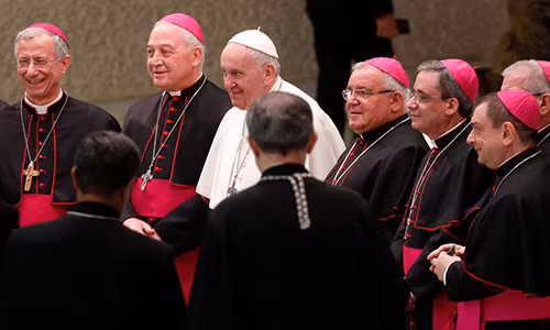 Giáo hoàng Francis (áo trắng) cùng các giám mục tại tòa thánh Paul VI ở Vatican. Giáo hoàng Francis (áo trắng) cùng các giám mục tại tòa thánh Paul VI ở Vatican.