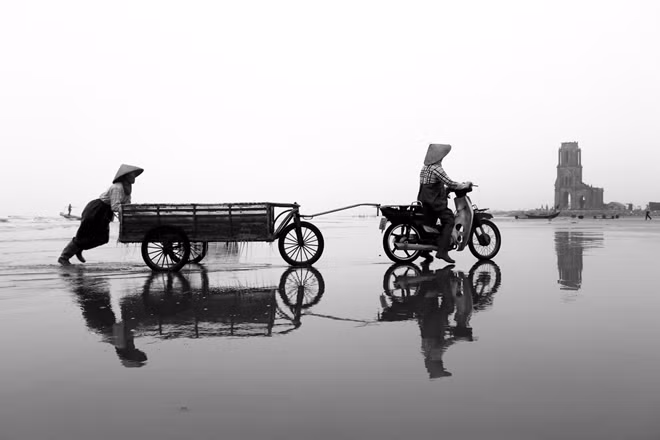 Chở sứa từ thuyền đánh bắt vào trung tâm sơ chế bên bờ biển Xương Điền, xã Hải Lý, Hải Hậu, Nam Định.