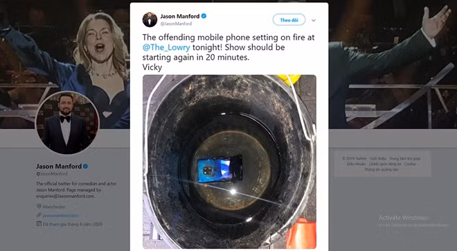 Danh hài Jason Manford chia sẻ hình ảnh về chiếc Mate 20 Pro bị cháy.