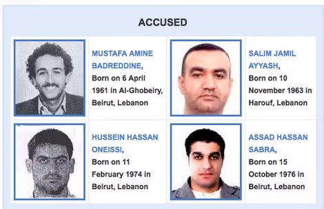 Hai thủ phạm Mustafa Amine Badreddine và Salim Jamil Ayyash (hàng trên, trái và phải) cùng hai người được tuyên vô tội Hussein Hassan Oneissi và Assad Hassan Sabra (hàng dưới, trái và phải). Hai thủ phạm Mustafa Amine Badreddine và Salim Jamil Ayyash (hàng trên, trái và phải) cùng hai người được tuyên vô tội Hussein Hassan Oneissi và Assad Hassan Sabra (hàng dưới, trái và phải).