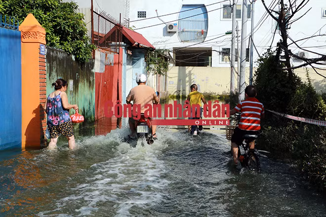 Xe máy cũng vất vả vượt qua đoạn đường bị ngập.