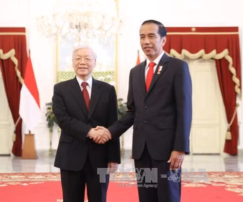 Tổng thống Indonesia Joko Widodo đón Tổng Bí thư Nguyễn Phú Trọng. Ảnh: Trí Dũng/TTXVN