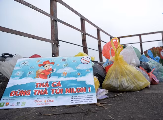Túi nilon người dân dùng để đựng cá chép đi thả được các bạn trẻ tình nguyện thu gom lại. Với tình yêu với môi trường, các bạn trẻ năm nào cũng có mặt ở cầu Long Biên với niềm hi vọng người dân sẽ thay đổi được thói quen vứt túi nilon xuống sông Hồng, giữ cho mặt sông được sạch đẹp.