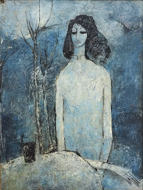 Tác phẩm sơn dầu trên bố "Ngồi bên Sông Hương" của họa sỹ Đinh Cường (1973).