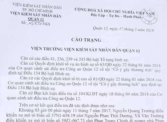 Cáo trạng của Viện KSND quận 12 về vụ việc.