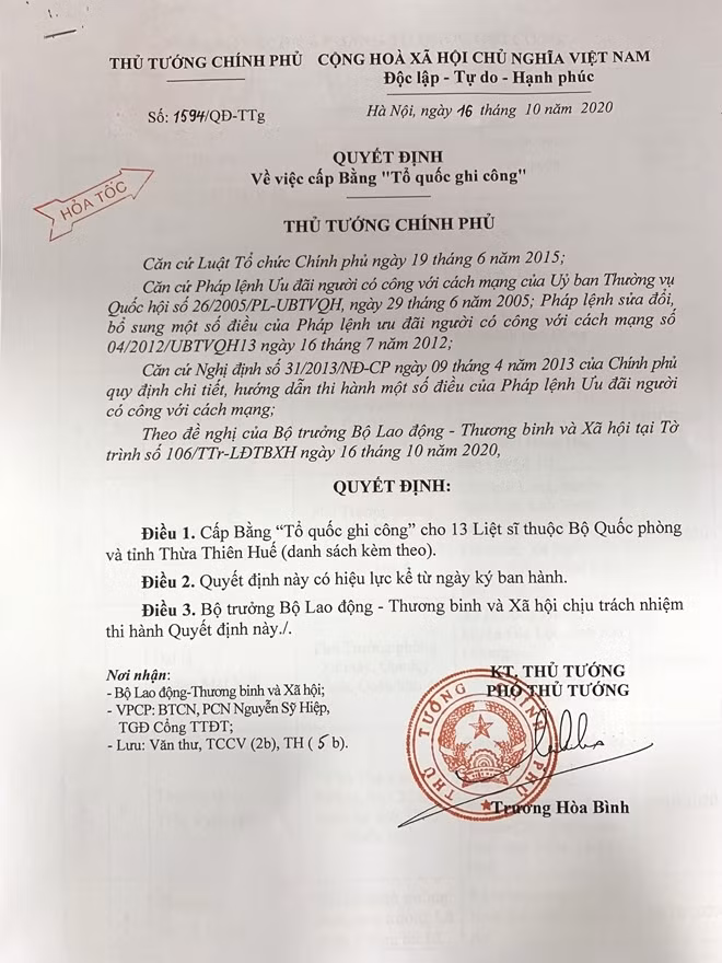 Quyết định của Thủ tướng Chính phủ cấp Bằng Tổ quốc ghi công cho 13 Liệt sĩ thuộc Bộ Quốc phòng và tỉnh Thừa Thiên Huế Quyết định của Thủ tướng Chính phủ cấp Bằng Tổ quốc ghi công cho 13 Liệt sĩ thuộc Bộ Quốc phòng và tỉnh Thừa Thiên Huế