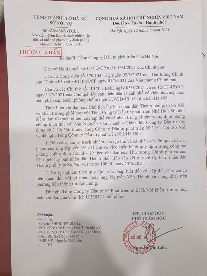 Công văn Thượng khẩn số 1240/SNV-TCBC của Sở Nội vụ TP Hà Nội gửi Tổng Công ty đầu tư và phát triển Nhà Hà Nội.