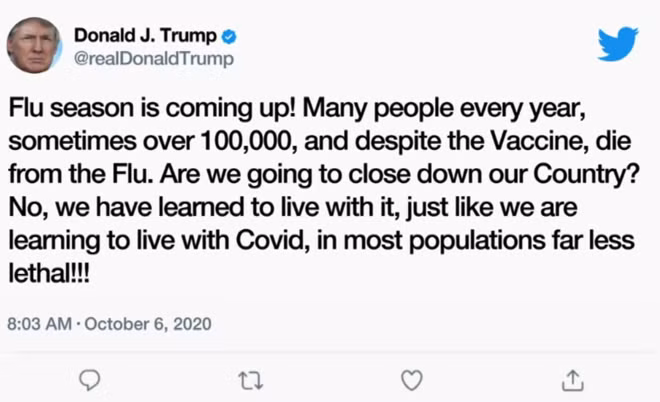 Thông tin sai về COVID-19 của ông Trump trên Twitter tuy không bị xóa nhưng bị dán nhãn vi phạm.