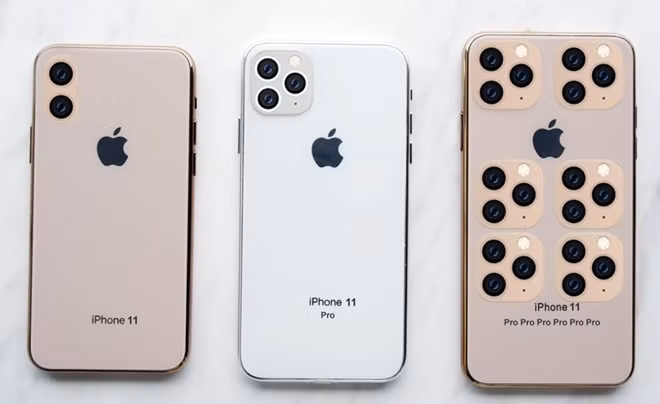 Tuy nhiên, cụm 3 camera trên iPhone 11 Pro và Pro Max nhanh chóng trở thành đề tài chế giễu của cư dân mạng. Một chiếc iPhone 11 được cư dân mạng thiết kế với mỗi chữ Pro là thêm một cụm camera.