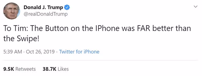 Dòng Tweet mới của Tổng thống Mỹ Donald Trump chê bai iPhone mới.