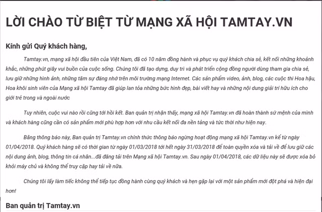 Lời chào từ biệt của Ban quản trị Tamtay.vn
