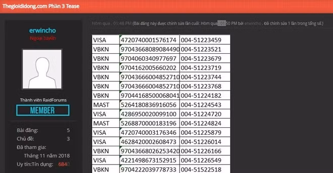 Số thẻ Visa và Master được tin tặc tiết lộ trong lần đăng bài thứ hai